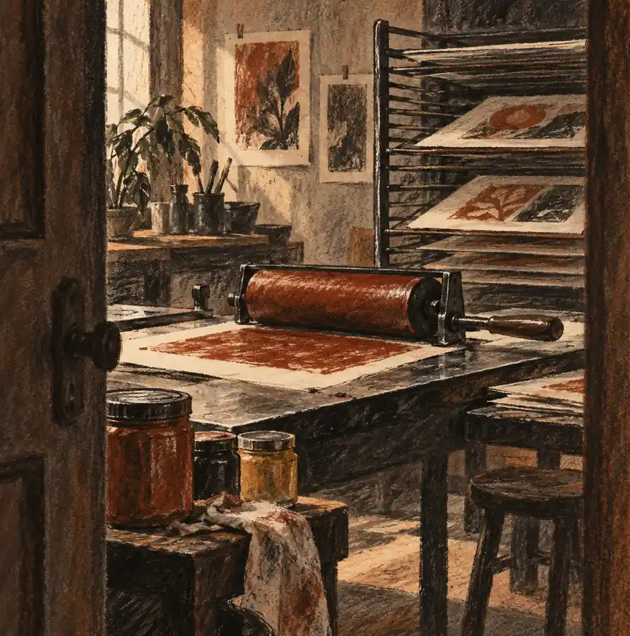 Illustration of print businesses equipment and workspace